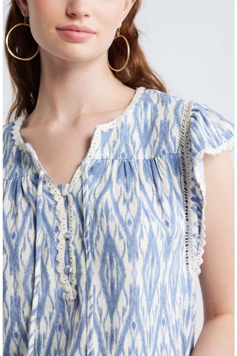 Crochet Trim Linen Blend Top, Alternate, color, IVORY- BLUE DIAMOND IKAT