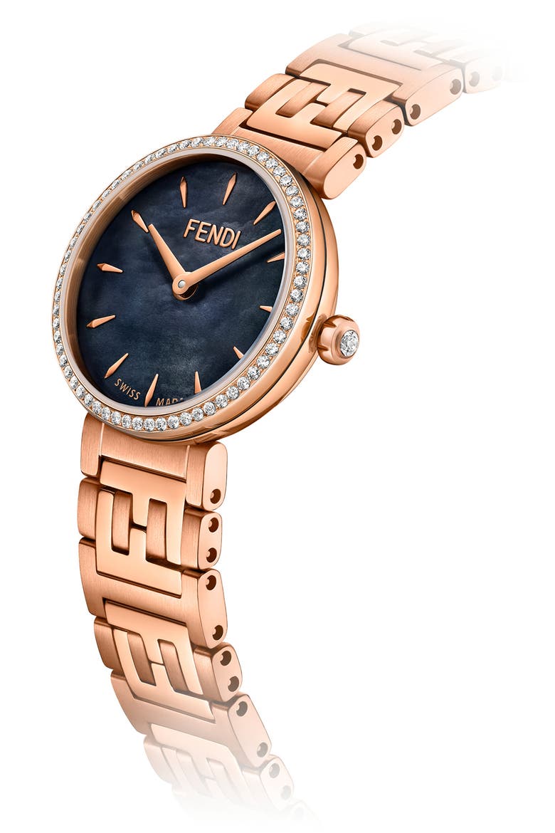Forever Fendi Diamond Bracelet Watch, 19mm, Alternate, color, ROSE GOLD/ BLACK MOP