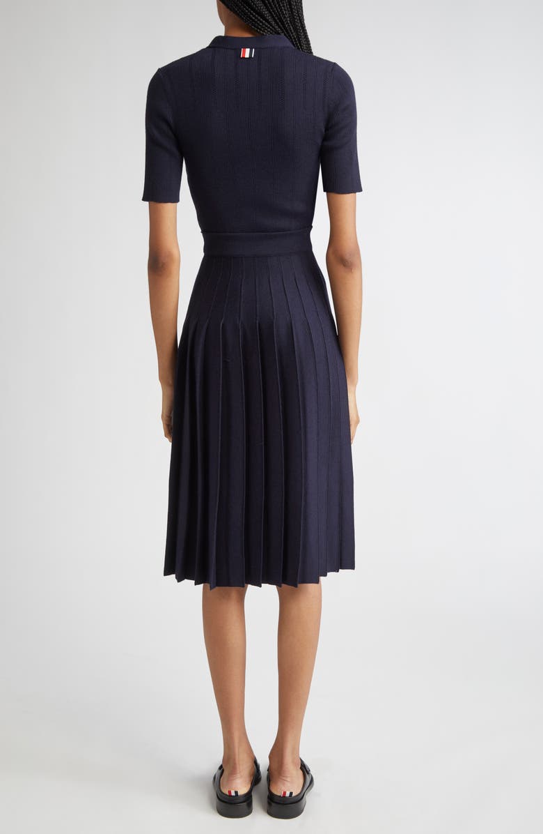 Thom Browne Mixed Stitch Wool & Silk Midi Dress, Alternate, color, Navy