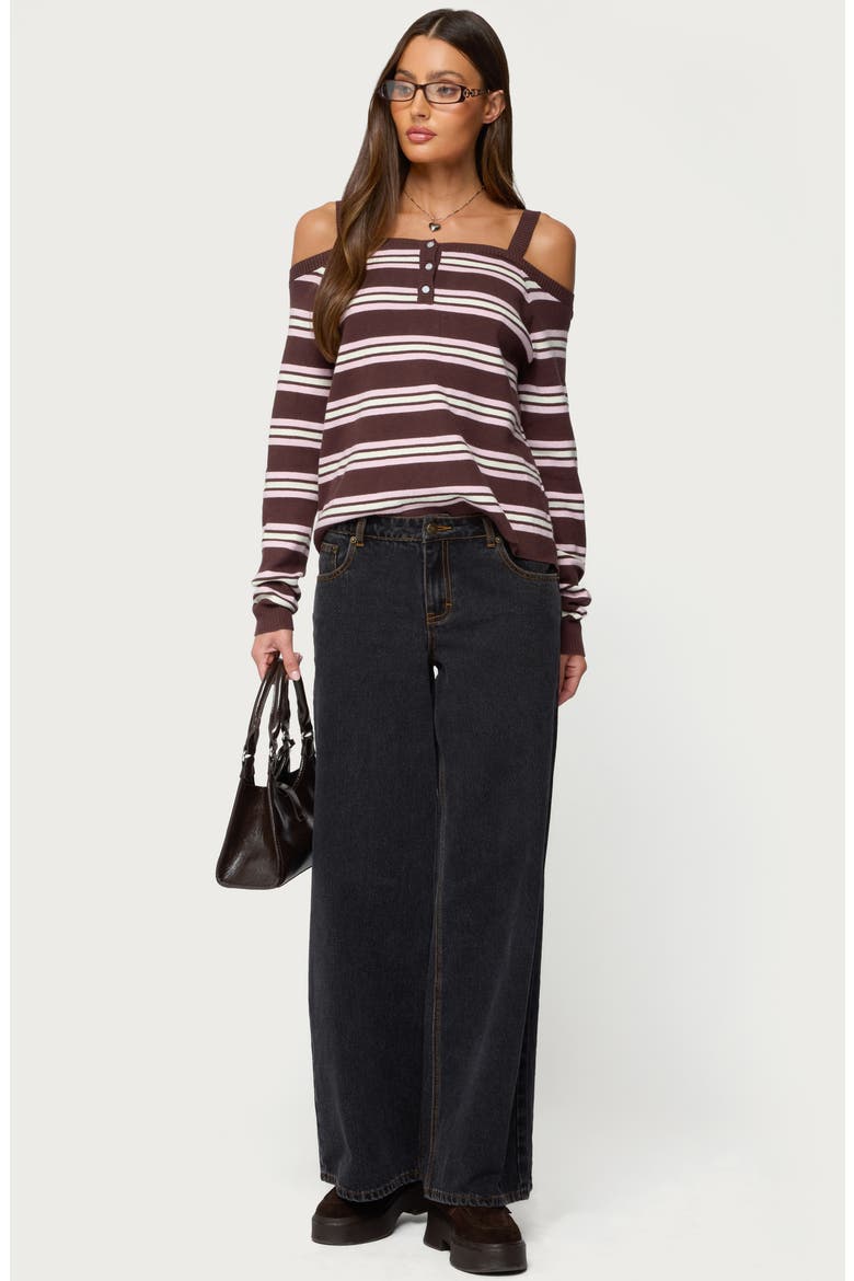 Shyla Stripe Off the Shoulder Sweater, Alternate, color, BROWN