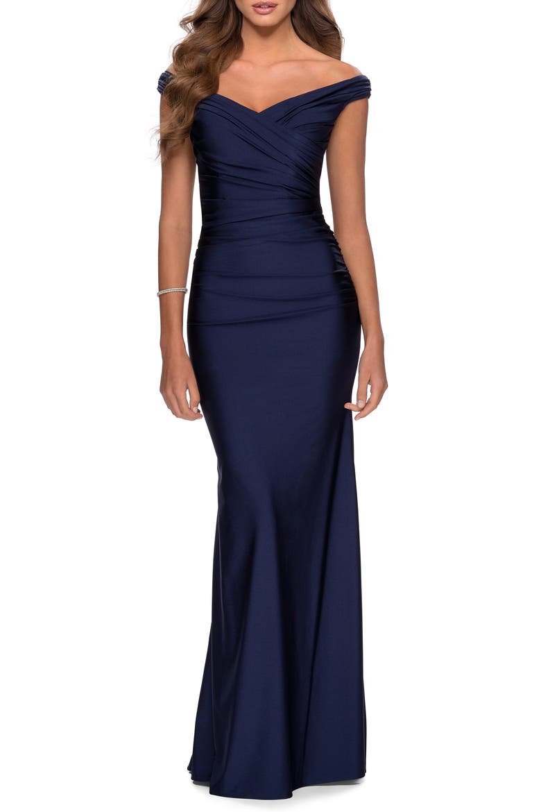 Off the Shoulder Prom Dress with Sweetheart Neckline, Main, color, NAVY
