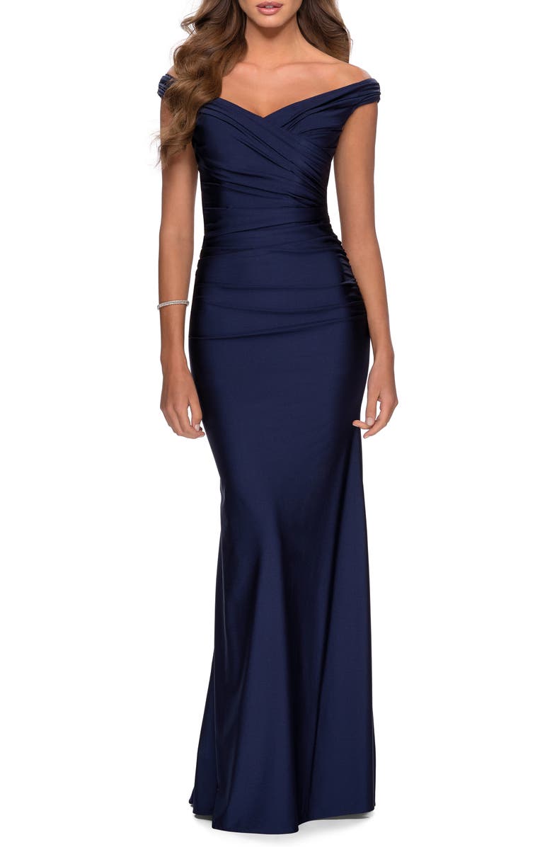 La Femme Off the Shoulder Trumpet Gown, Main, color, 