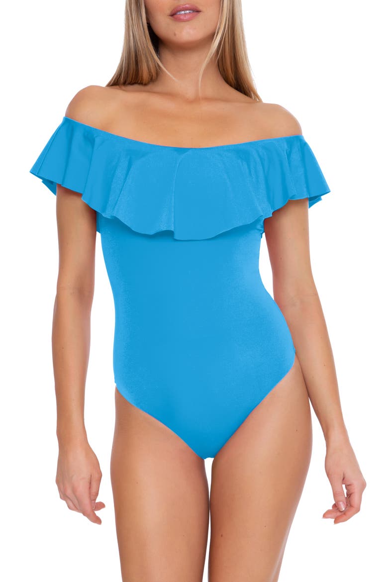 Monaco Off the Shoulder Ruffle One-Piece Swimsuit, Main, color, ADRIATIC BLUE