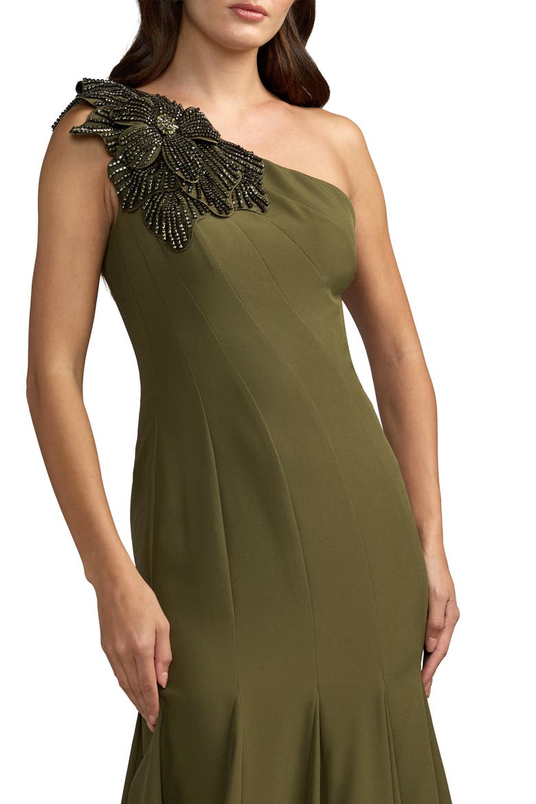 Crepe One Shoulder Gown With Flower, Alternate, color, Olive