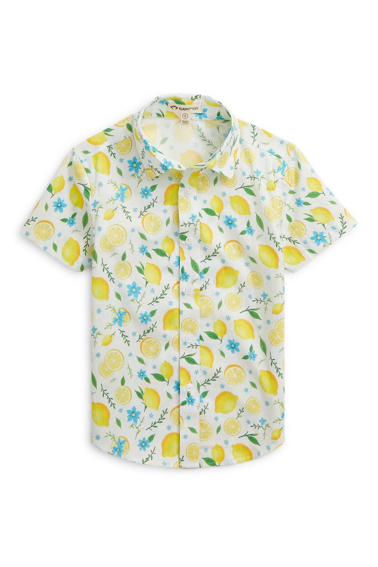 Kids' Day Party Short Sleeve Cotton Button-Up Shirt, Main, color, LEMON ZEST