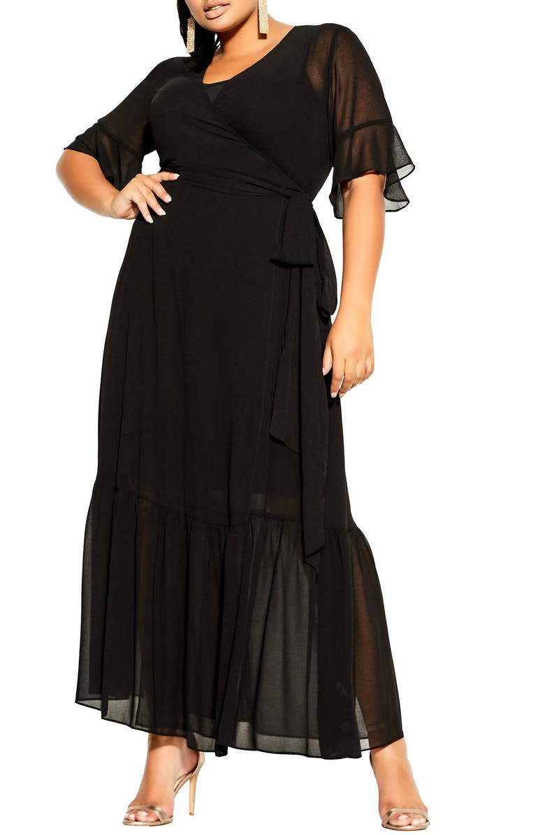 City Chic Flutter Sleeve Wrap Maxi Dress, Main, color, 