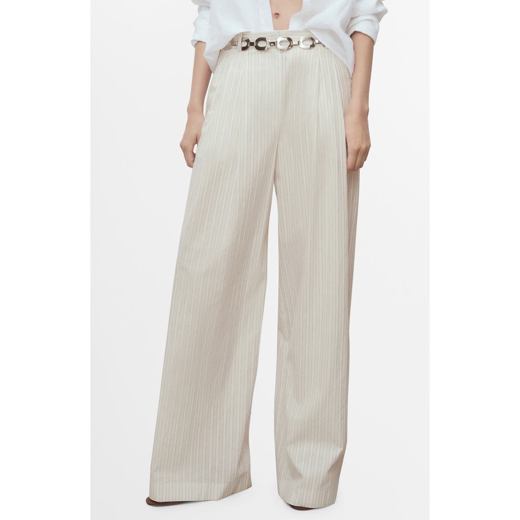 Mango Stripe Cotton Wide Leg Pants In White