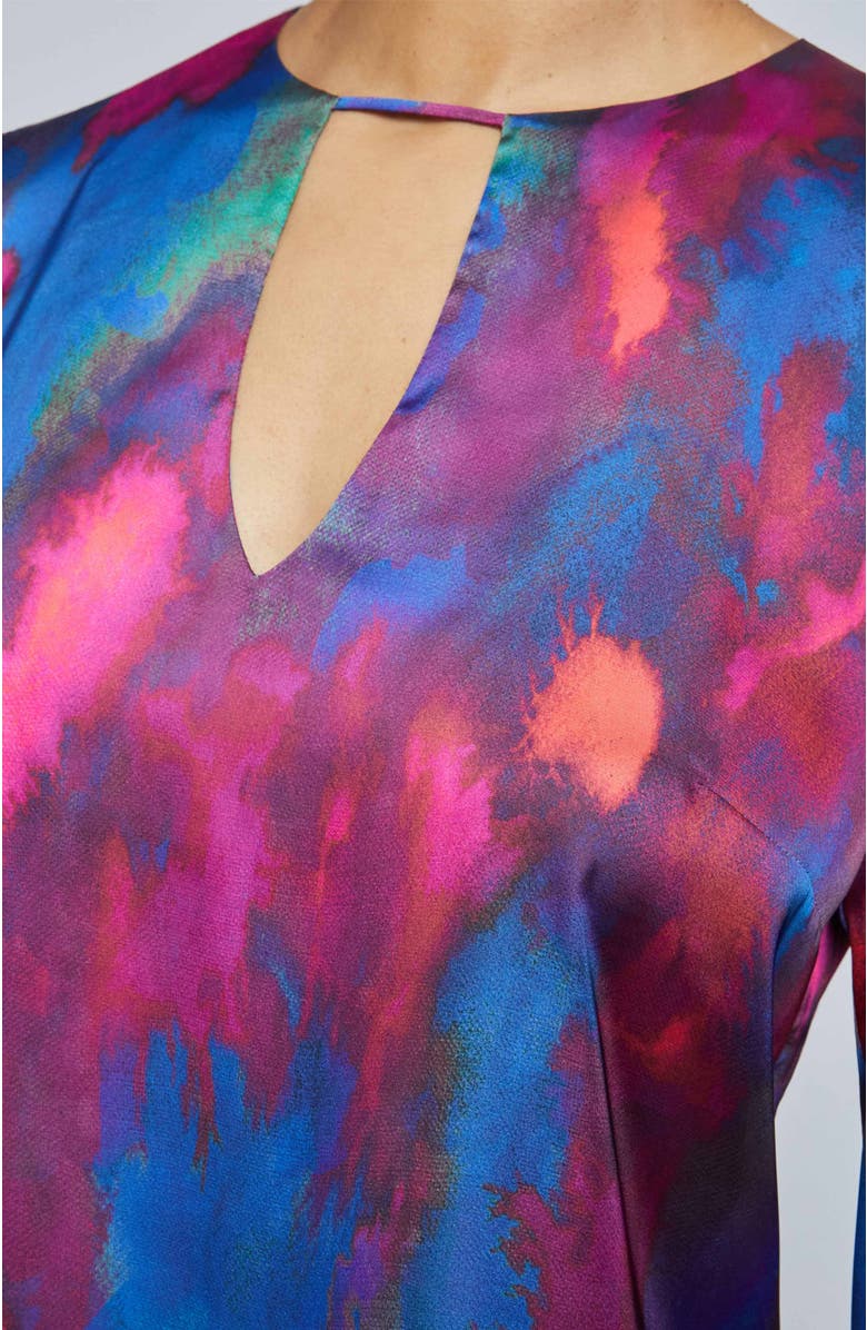 Santorelli NOA Long Sleeve Keyhole Blouse in Abstract Printed Charmeuse, Alternate, color, Magenta Multi