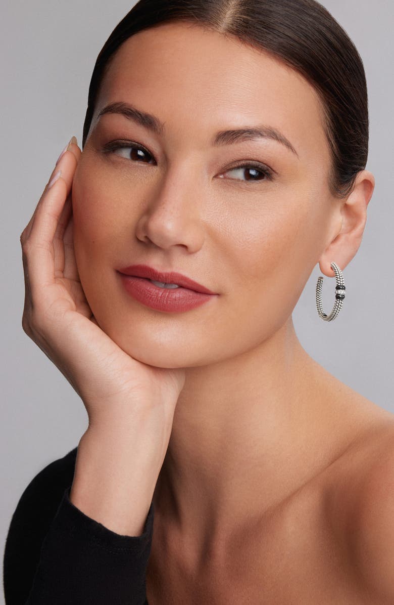 LAGOS Caviar Ceramic Diamond Hoop Earrings, Alternate, color, Sterling Silver