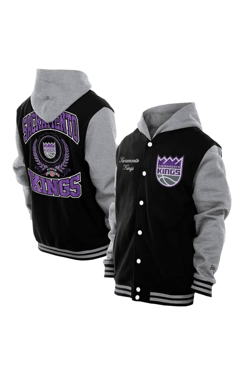 New Era Men's New Era Black Sacramento Kings Throwback Prep Chenille Full-Snap Hooded Varsity Jacket, Alternate, color, Black