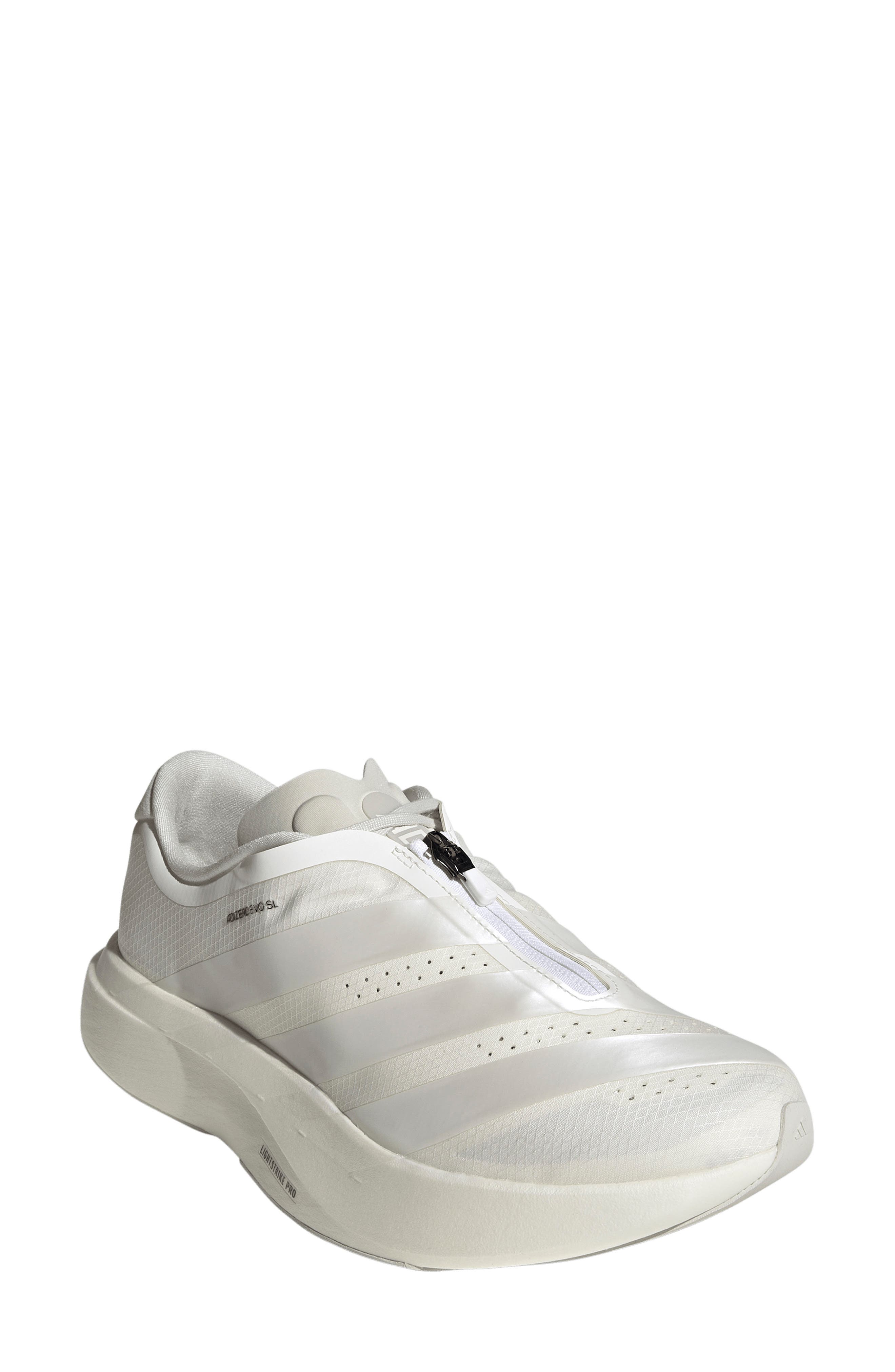 Adizero Evo SL Zip Running Shoe, Main, color, WHITE/ ZERO MET/ ORBIT GREY