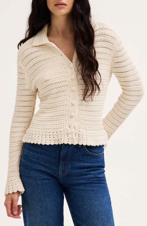 Pointelle Knit Peplum Cotton Cardigan