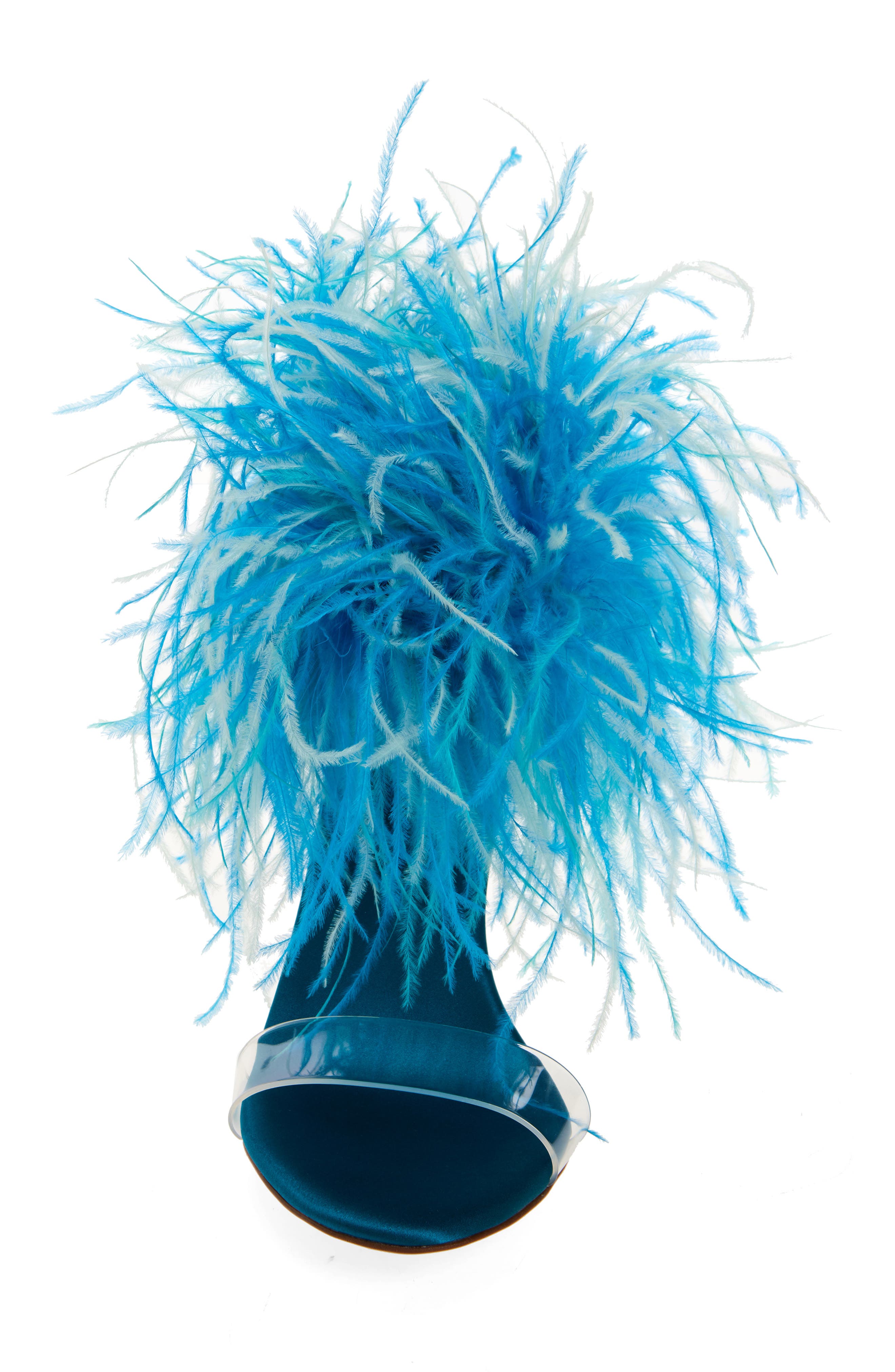 Jeffrey Campbell Bienvenue Feather Ankle Strap Sandal, Alternate, color, Turquoise Satin Combo