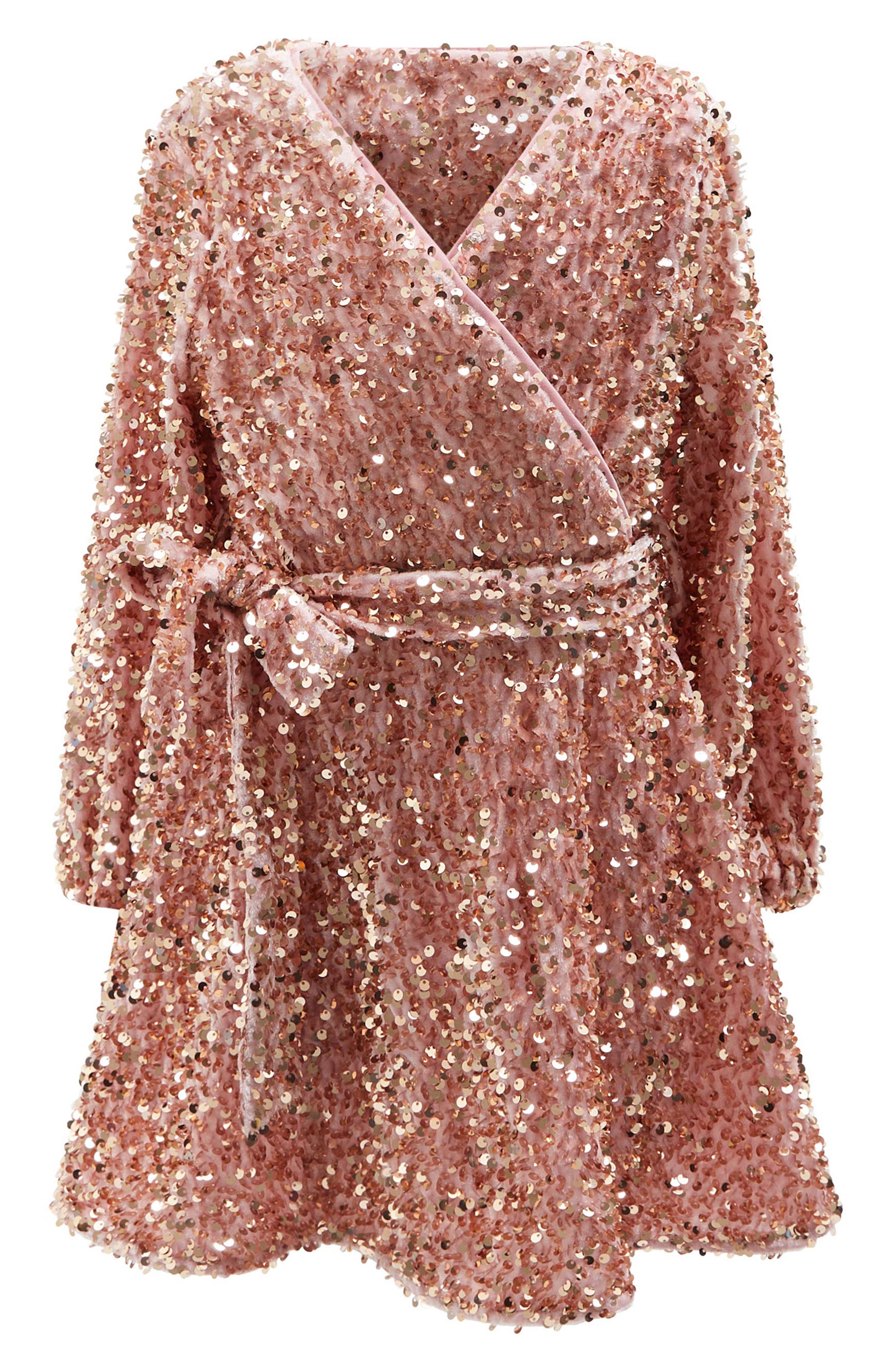 Bardot Junior Kids' Velour Sequin Long Sleeve Faux Wrap Dress in Dusty Pink 