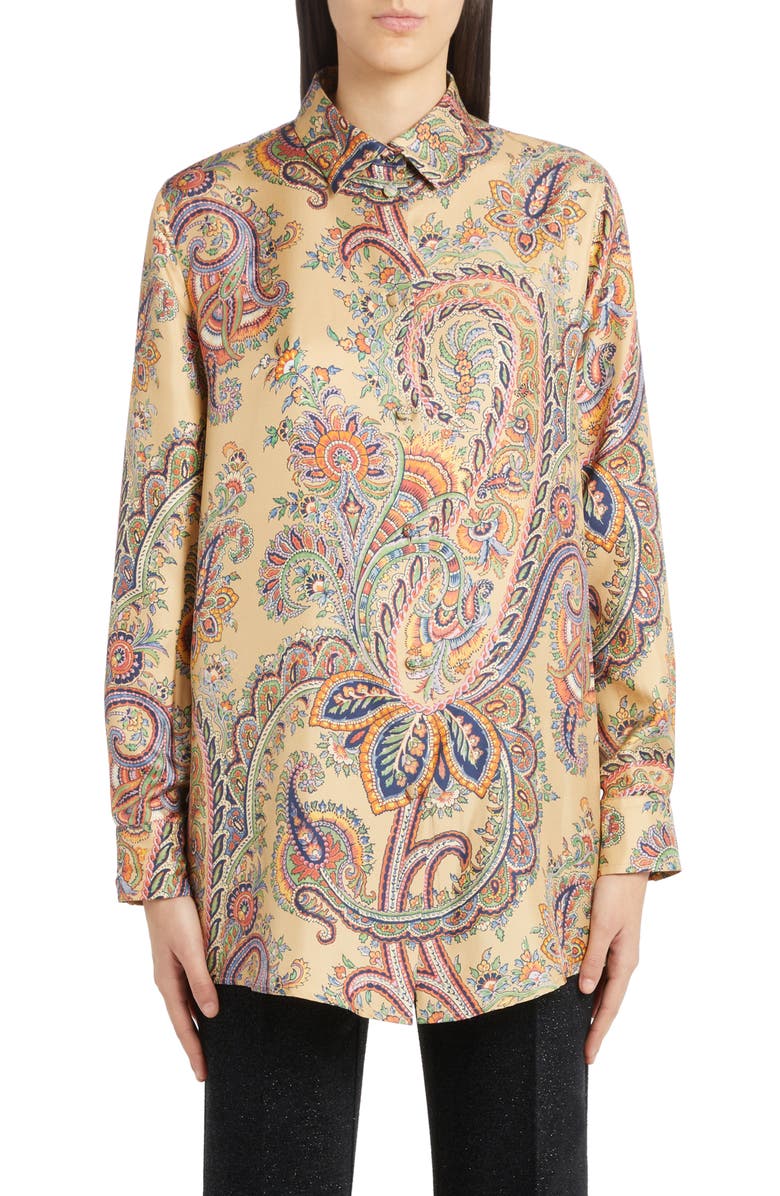 Etro Floral Paisley Silk Button-Up Shirt, Main, color,