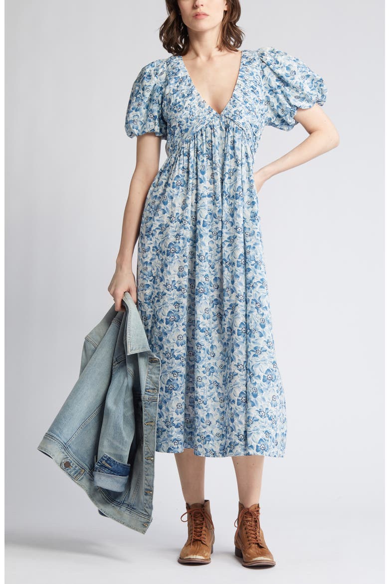 The Gallery Floral Cotton Midi Dress, Main, color, LIGHT SKY PRESSED FLORAL PRINT