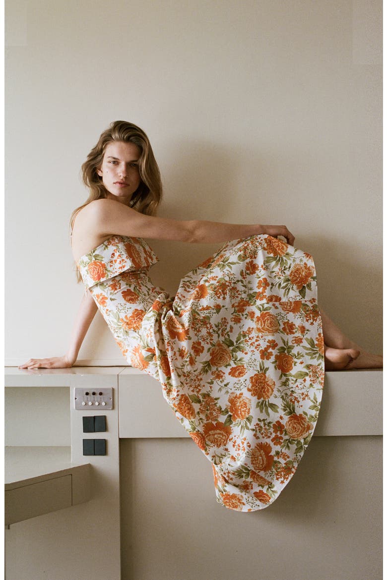 Floral Print Flared Midi Dress, Alternate, color, ORANGE