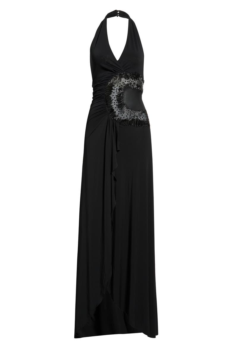 Natalina Beaded Cutout Halter Jersey Gown, Main, color, BLACK