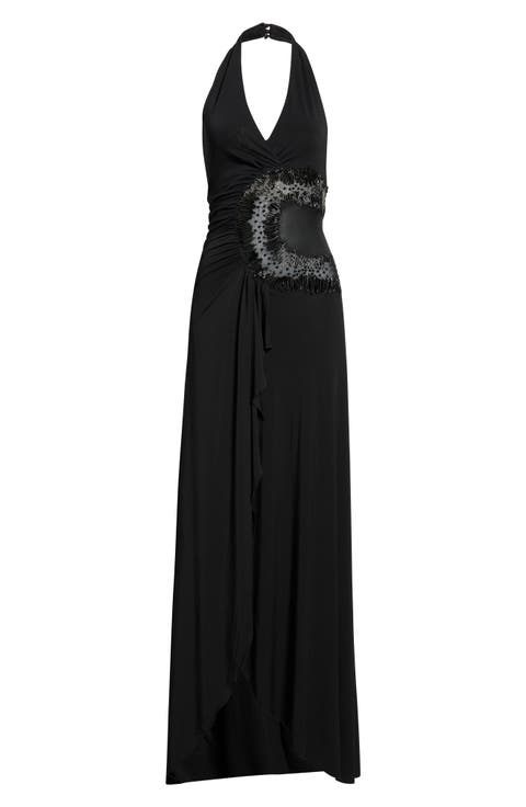 Natalina Beaded Cutout Halter Jersey Gown
