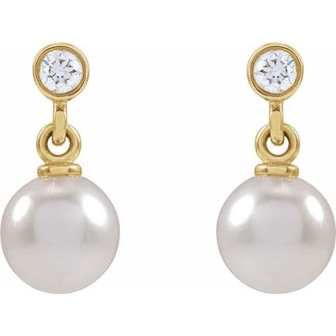 Akoya Pearl & .06 CT Natural Diamond Earrings in 14K Gold