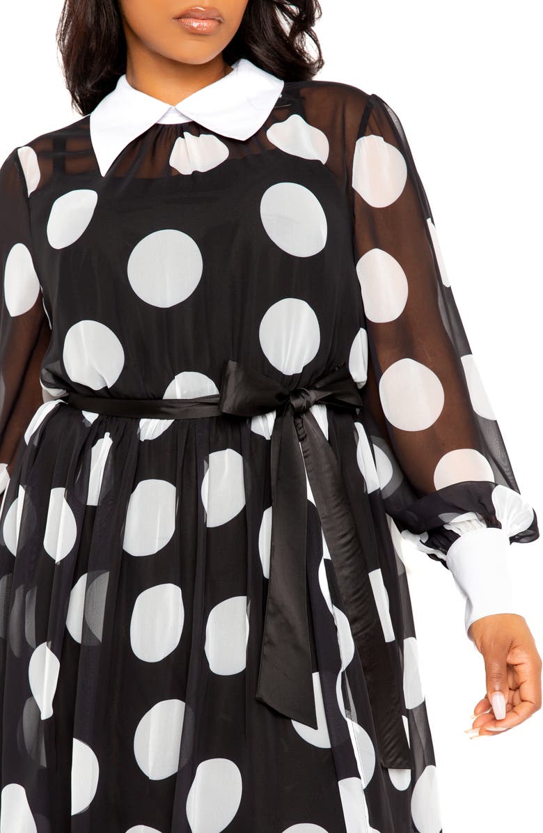 BUXOM COUTURE Polka Dot Long Sleeve Chiffon Shirtdress, Alternate, color, Black