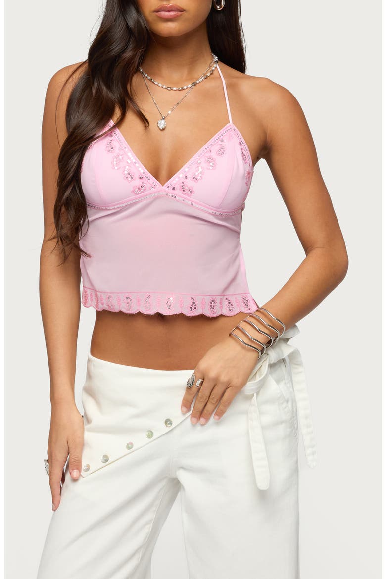 Allise Sequin Crop Halter Top, Main, color, PINK