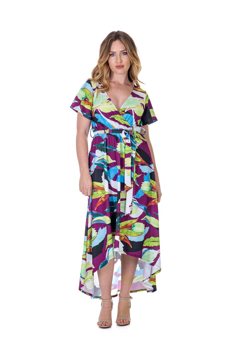 24seven Comfort Apparel Colorful Floral V-Neck Belted High Low Faux Wrap Dress, Main, color, Purple Multi