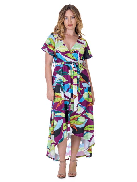 Colorful Floral V-Neck Belted High Low Faux Wrap Dress