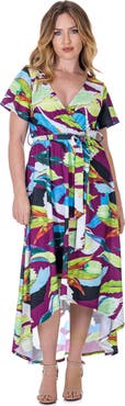 24seven Comfort Apparel Colorful Floral V-Neck Belted High Low Faux Wrap Dress