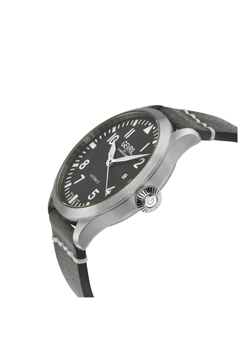 Vaughn Automatic Leather Strap Watch, 44mm, Alternate, color, GREY