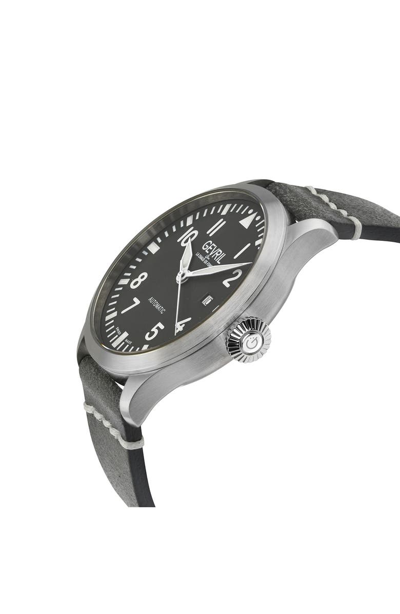 GEVRIL Vaughn Automatic Leather Strap Watch, 44mm, Alternate, color, Grey