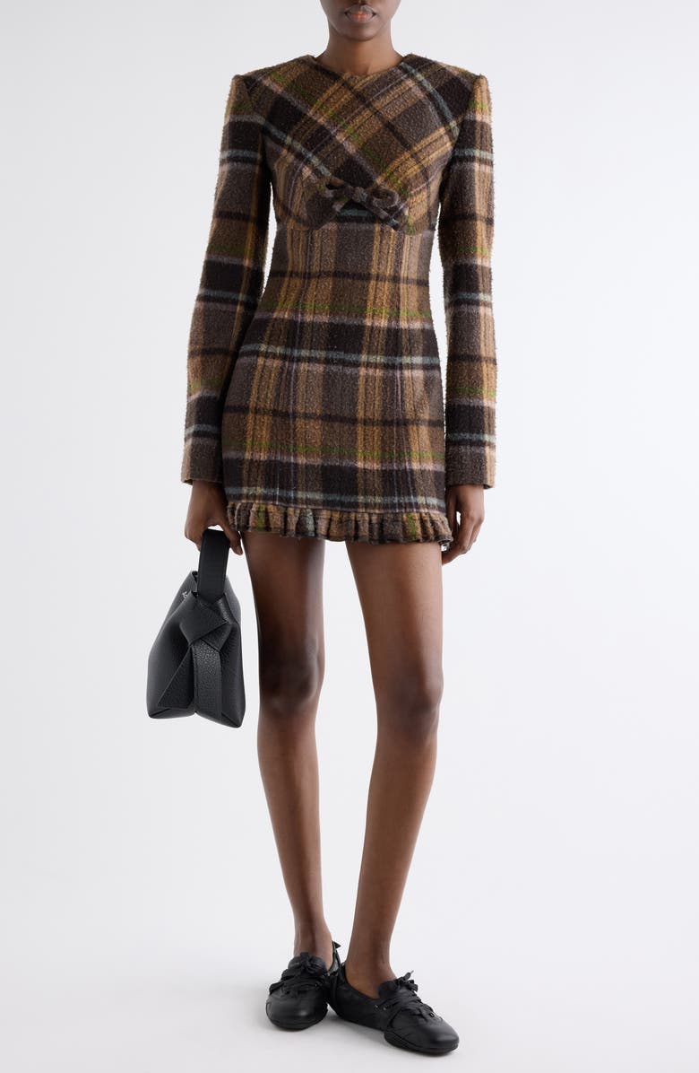 Acne Studios Delfin Plaid Long Sleeve Wool Blend Minidress, Alternate, color, Multi Brown