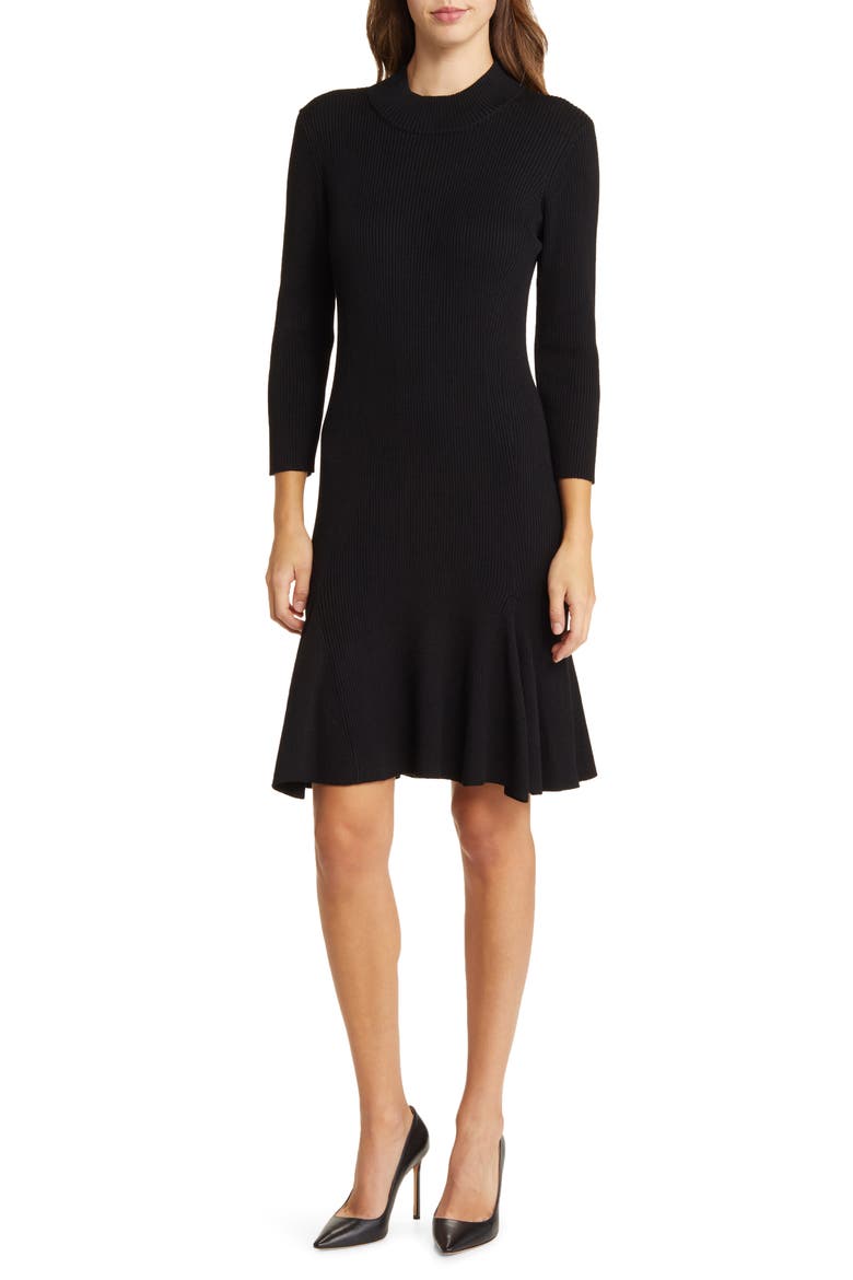 Rib Three-Quarter Sleeve Sweater Dress, Main, color, BLACK