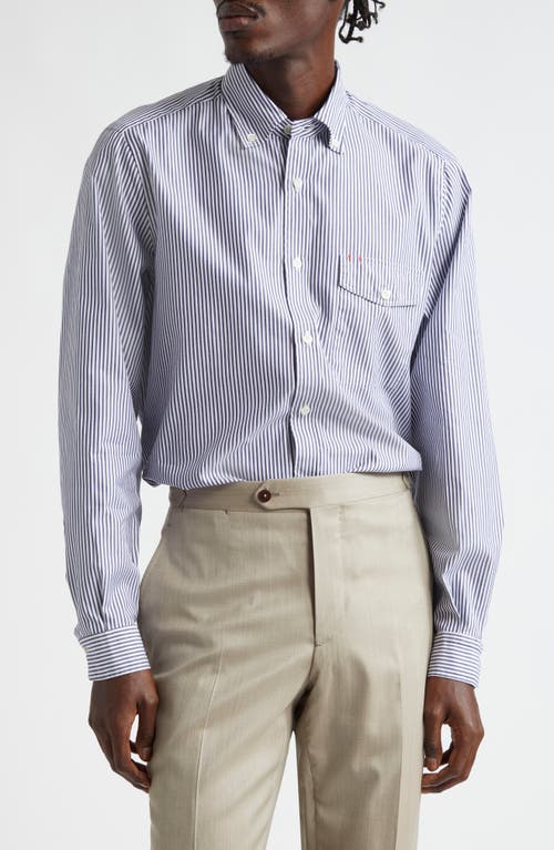 ISAIA Stripe Button-Down Shirt in White/Navy 