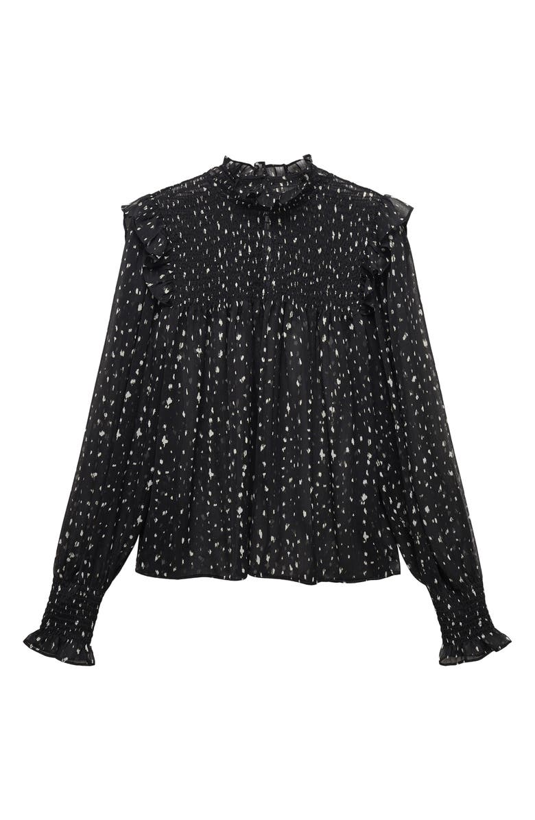MANGO Dot Print Ruffle Long Sleeve Top, Alternate, color, Black