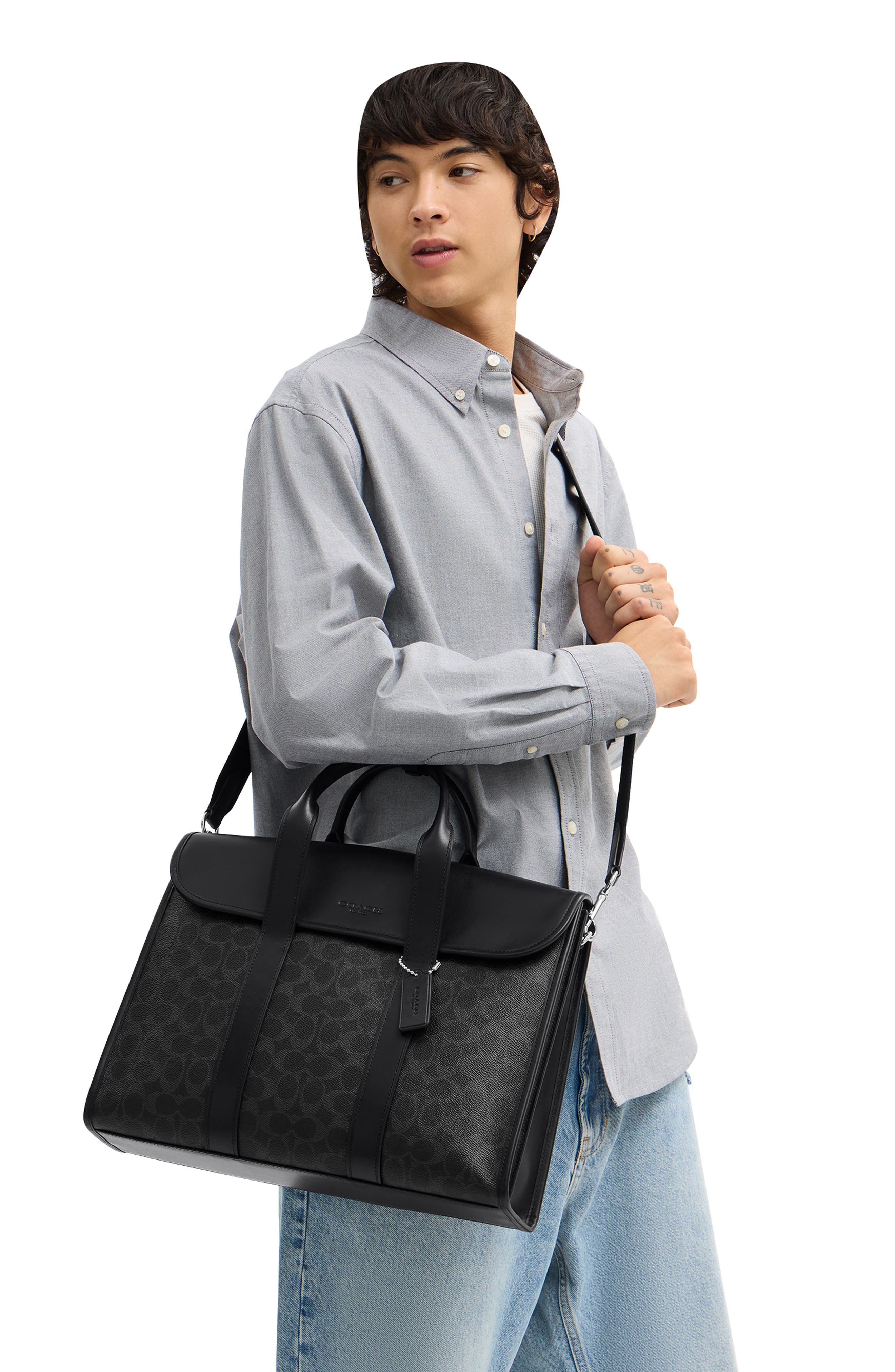 COACH Gotham Signature Coated Canvas & Leather Portfolio Messenger Bag, Alternate, color, Black Signature