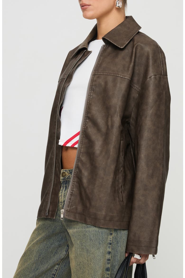 Oversize Zip Faux Leather Jacket, Alternate, color, BROWN