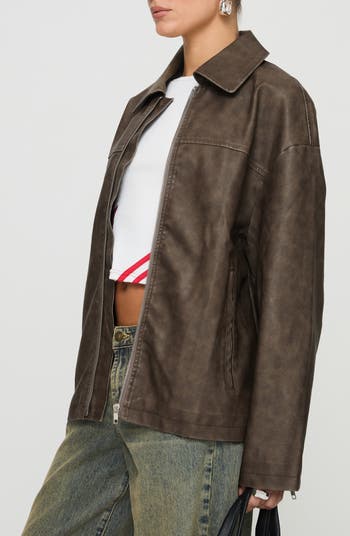 Oversize Zip Faux Leather Jacket