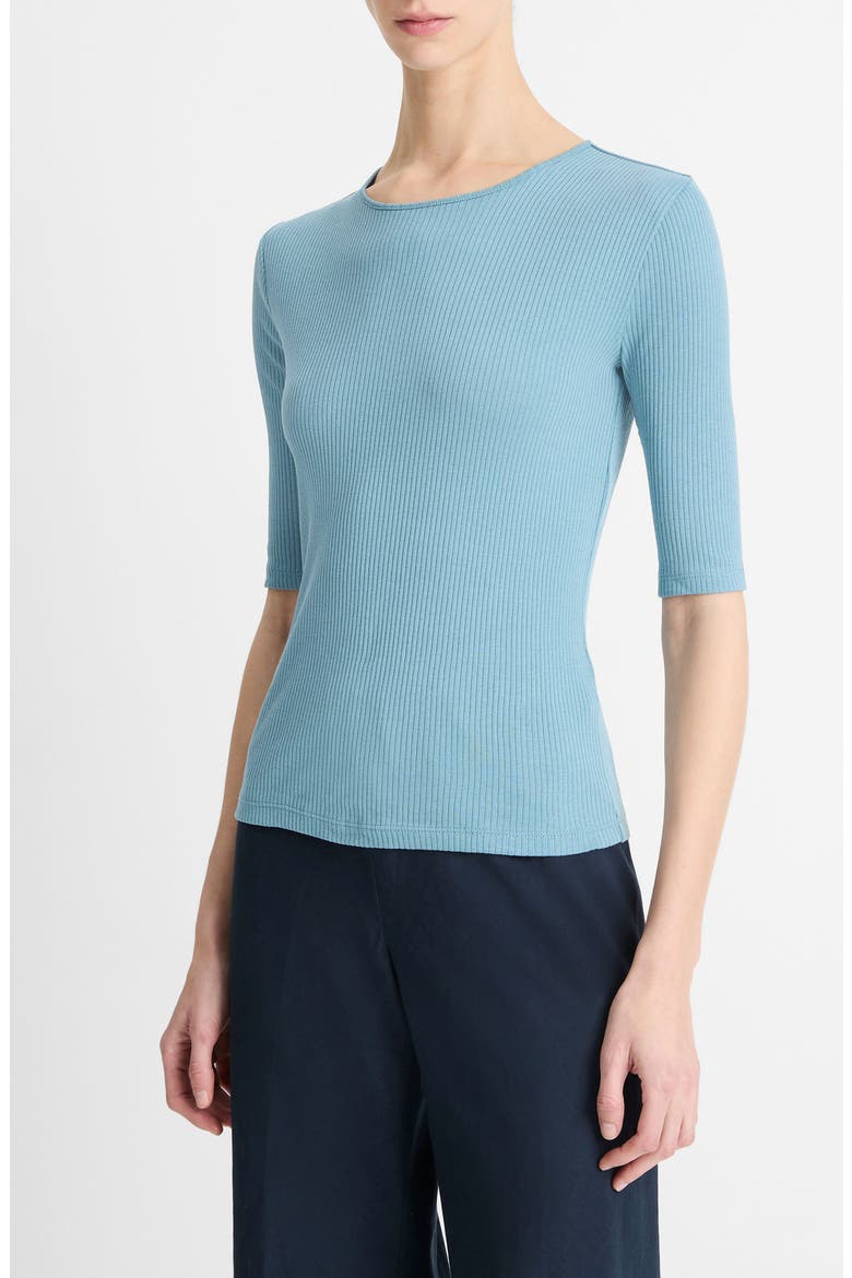 Rib Elbow Sleeve Cotton Top, Alternate, color, SKY STEEL