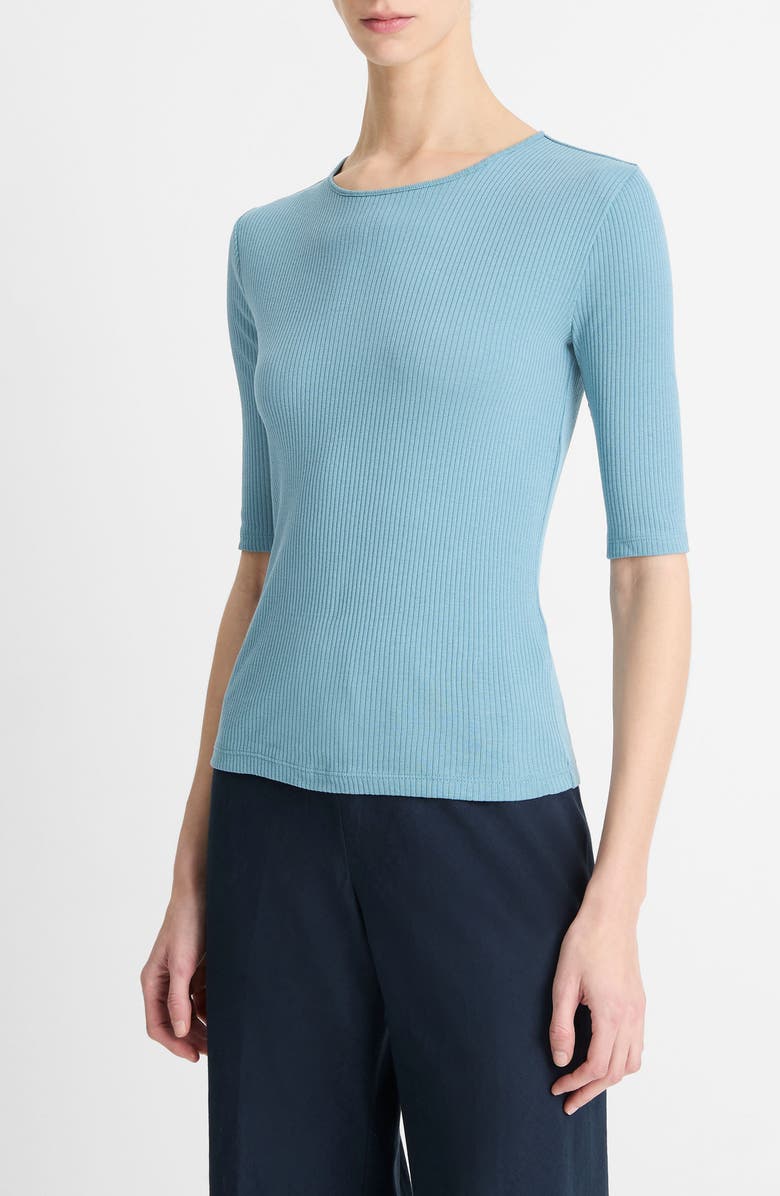 Vince Rib Elbow Sleeve Cotton Top, Alternate, color, Sky Steel