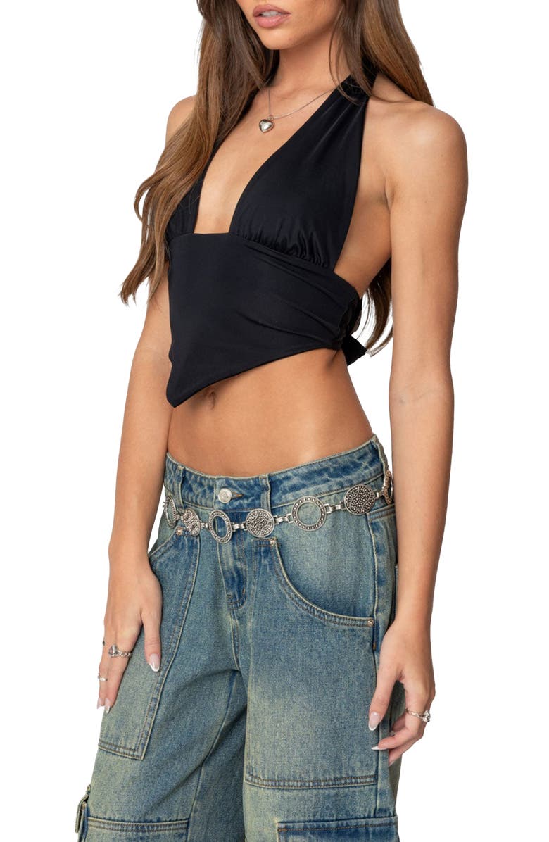 EDIKTED Open Back Triangle Hem Crop Halter Top, Alternate, color, Black