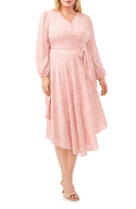 Floral Long Sleeve Handkerchief Hem Midi Dress (Plus)