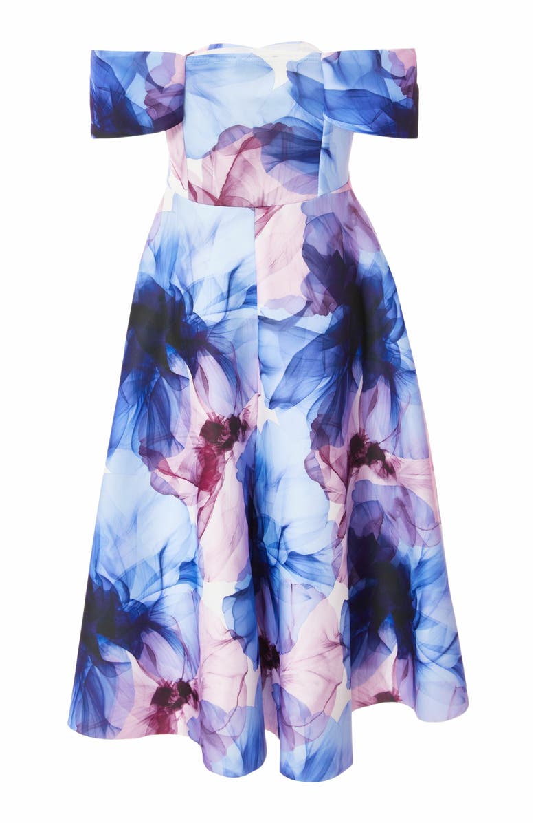 QUIZ Scuba Knit Floral Print Bardot Midi Skater Dress, Alternate, color, 