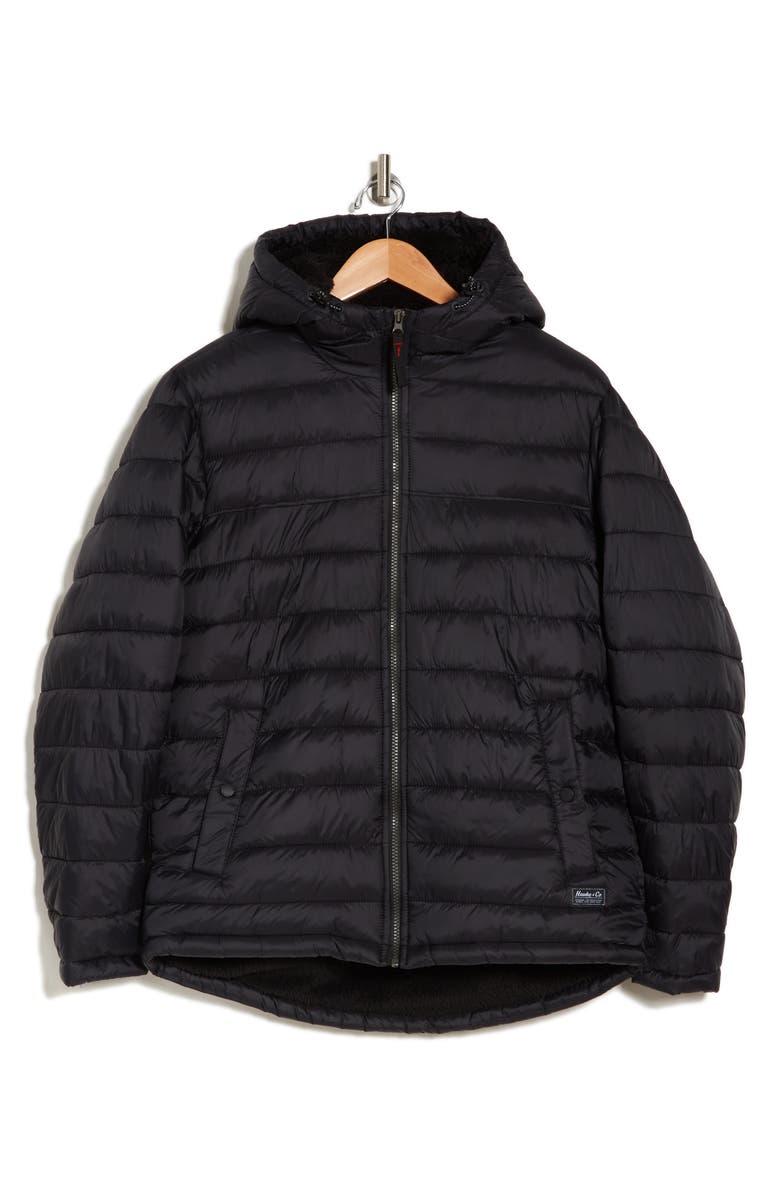 HAWKE & CO Water Resistant Hooded Faux Shearling Lined Puffer Jacket, Main, color, Black