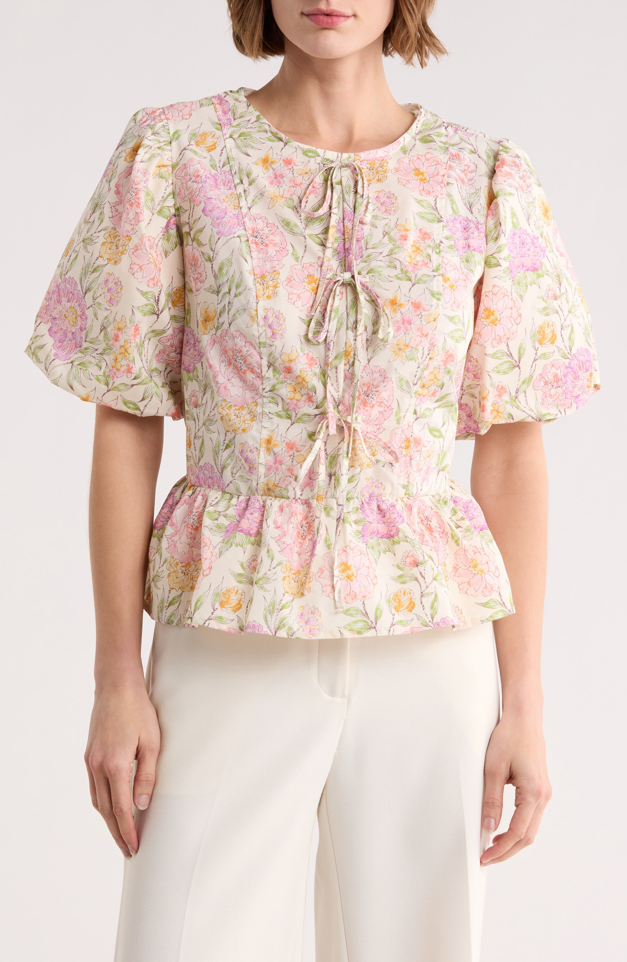 MELLODAY Tie Front Poplin Peplum Top