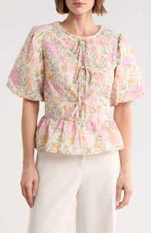 MELLODAY Tie Front Poplin Peplum Top