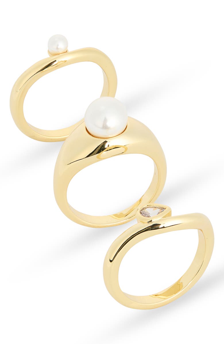 NORDSTROM RACK Set of 3 Demi Fine Cubic Zirconia & Faux Pearl Rings, Main, color, Clear- White- Gold