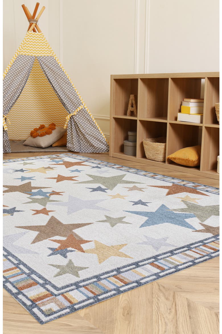 Star Gazer Geometric Machine-Washable Area Rug, Alternate, color, Ivory/Blue/Orange