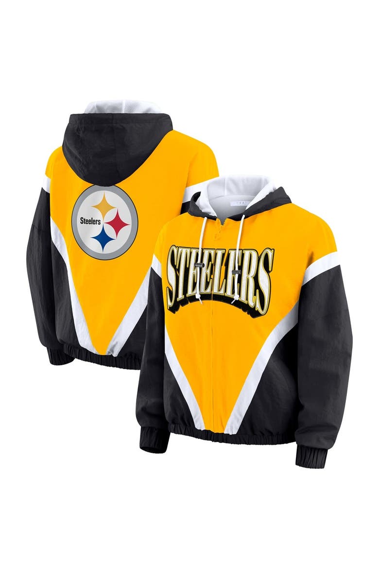 Women's WEAR by Erin Andrews Gold/Black Pittsburgh Steelers Retro Crinkle Full-Zip Hoodie Windbreaker, Main, color, Gold