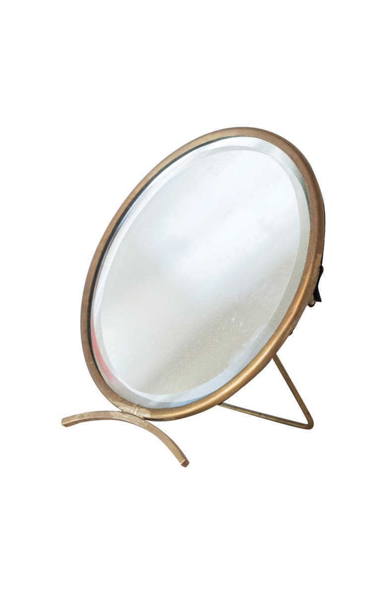 Storied Home Brass Round Mirror On Stand in Antique Finish, Gold, Main, color, Gold